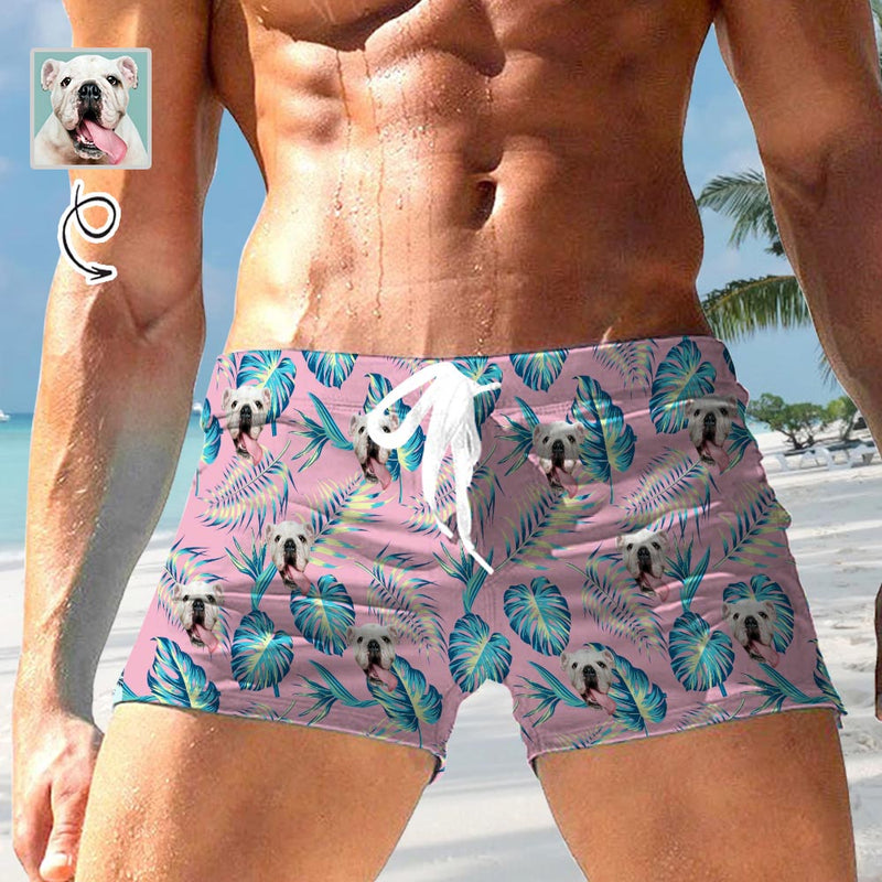 Custom Face Palm Leaf Men's Swimwear Short Swim Trunks with Zipper Pocket Personalized Surfing Square Leg Board Shorts