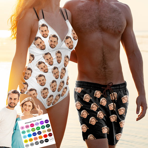 Custom Face White One Piece Swimsuit&Black Swim Shorts Personalized Couple Matching Swimwear