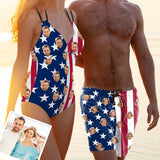 Custom Flag Design Multi Face One Piece Swimsuit&Swim Shorts Personalized Couple Matching Swimwear