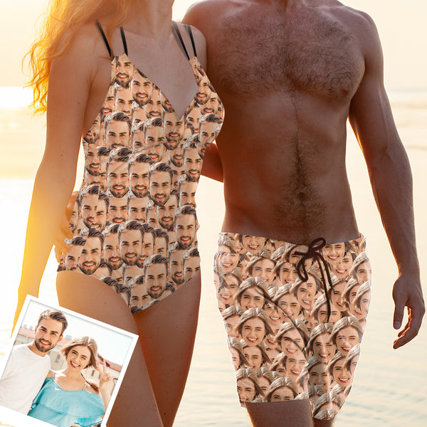 Custom Seamless Multi Face One Piece Swimsuit&Swim Shorts Personalized Couple Matching Swimwear