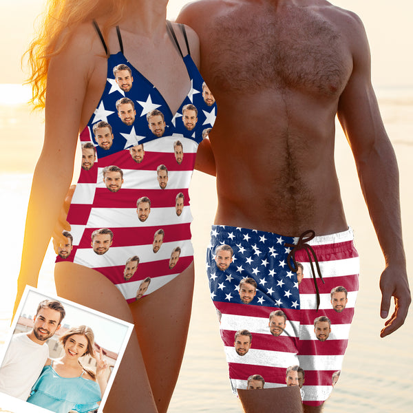 Custom Flag Multi Face One Piece Swimsuit&Swim Shorts Personalized Couple Matching Swimwear