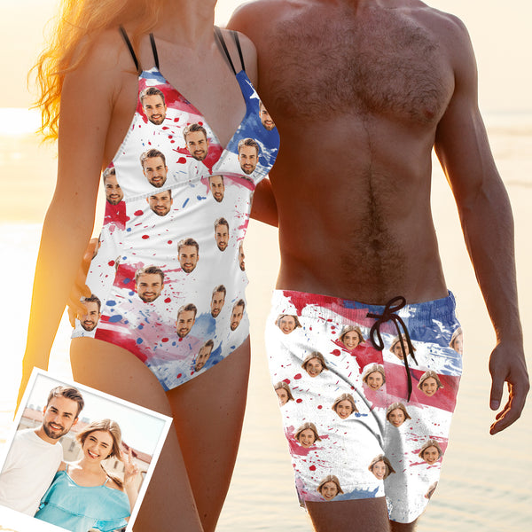 Custom Flag Design Face One Piece Swimsuit&Swim Shorts Personalized Couple Matching Swimwear