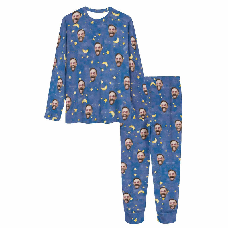 Custom Face Blue Pajamas Set Personalized Women's Crew Neck Face Long Sleeve Pajamas