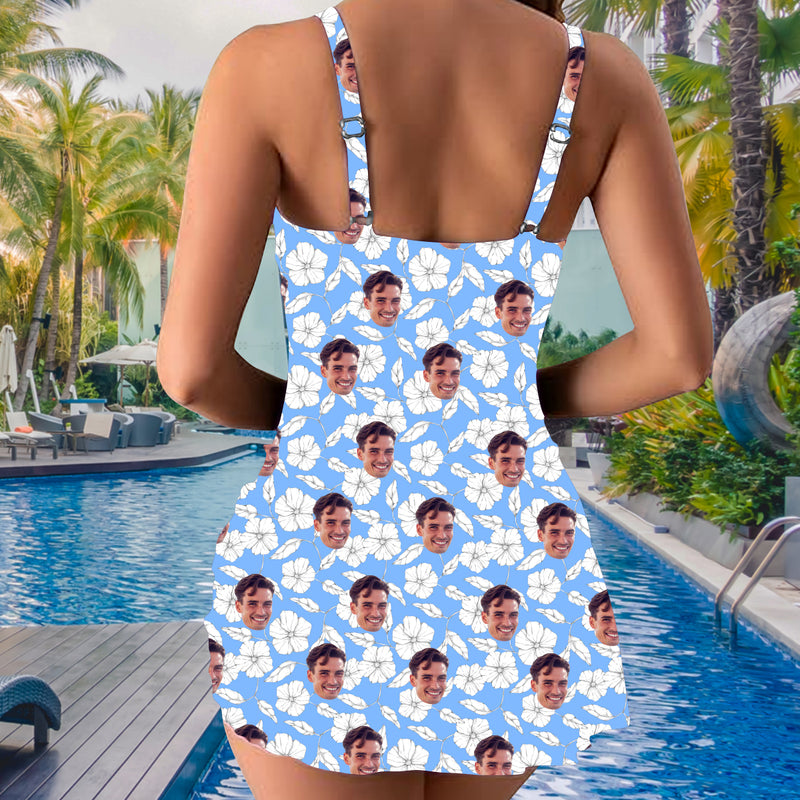 Custom Face Tank Top One Piece Swimsuit Personalized Face White Flower Sky Blue One Piece Bathing Suit