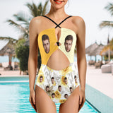 Personalized Face Women's Cutout One Piece Swimsuit Custom Face Lemon Yellow Cross Strap Backless Bathingsuit