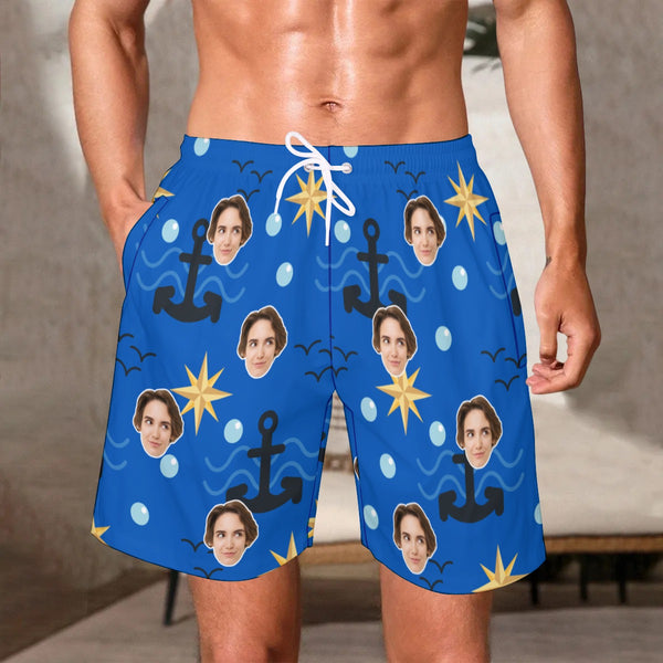 Custom Blue Face Swim Shorts Swim Trunks For Men Personalized Face On Blue Swim Shorts