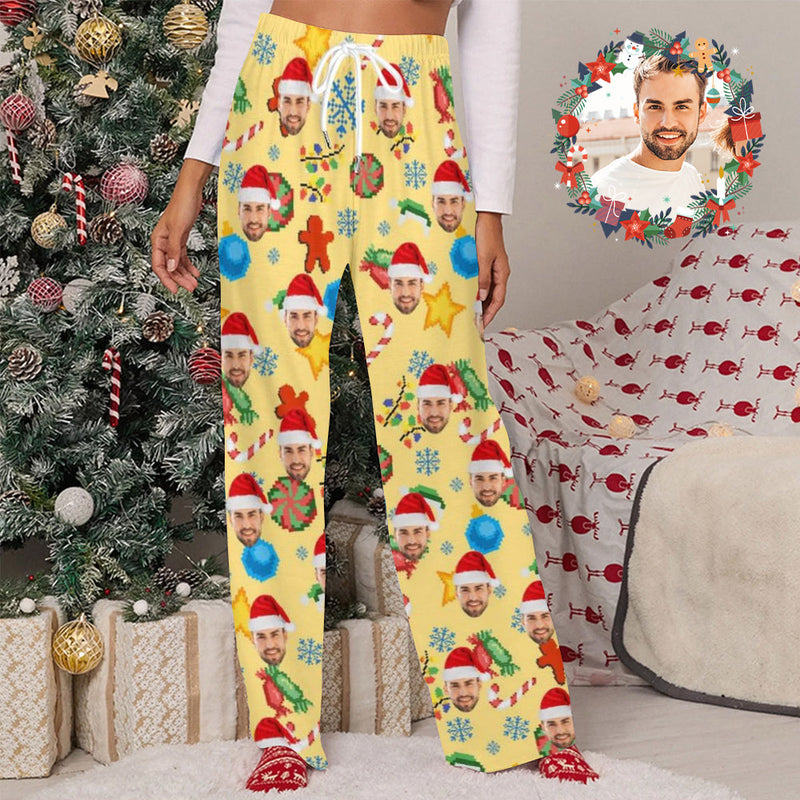 Unisex Pajama Pants Custom Face Christmas Yellow Pajama Pants For Men&Women Personalized Any Photos Pajama Pants