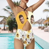 Personalized Face Women's Cutout One Piece Swimsuit Custom Face Lemon Yellow Cross Strap Backless Bathingsuit