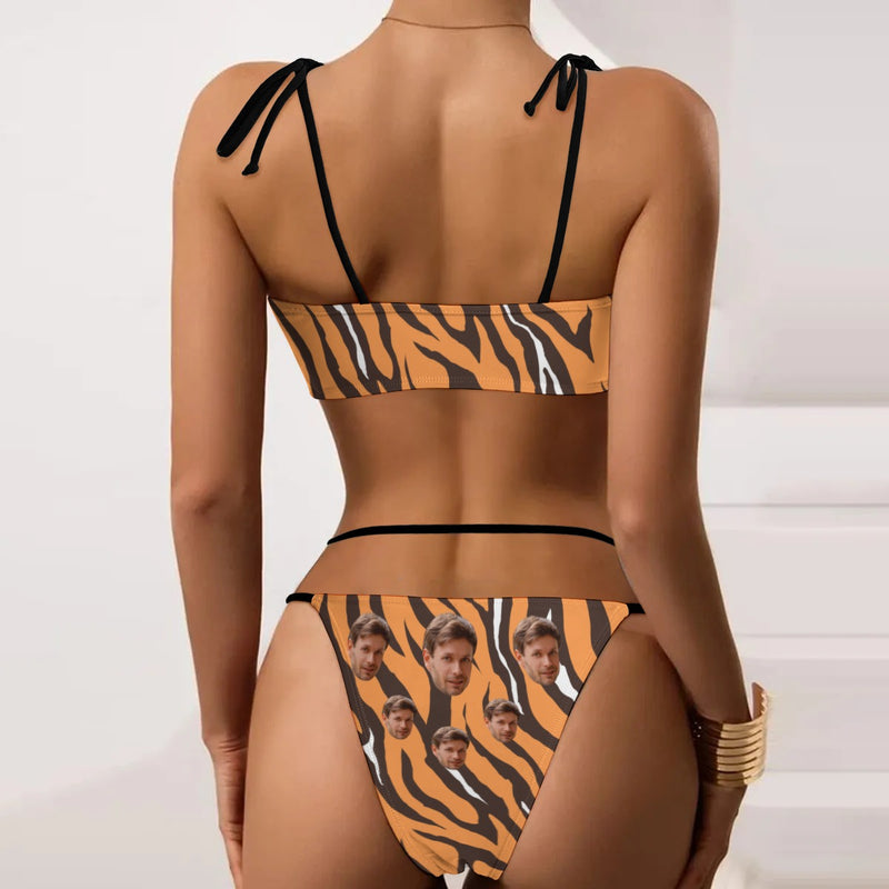 Custom Face Swimsuit Personalized Brown Leopard Print Face Bikini Swimsuit