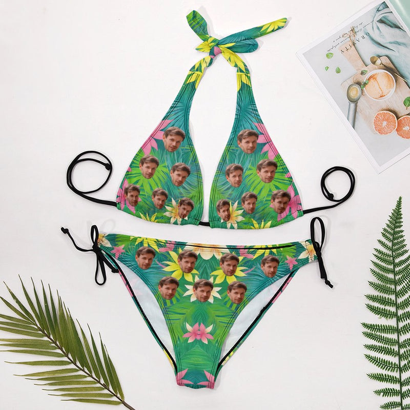 Personalized Face Green Bikini Custom Face Green Flower Triangle Halter Bikini For Women