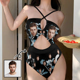 Personalized Face Women's Cutout One Piece Swimsuit Custom Face Black Cross Strap Backless Bathingsuit