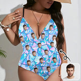 Custom Face One Piece Swimsuit Personalized Boyfriend Face Blue Women's V-Neck One Piece Swimsuit Bathingsuit