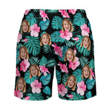 Personalized Swim Trunks Custom Face Green Leaves Pink Flowers Black Quick Dry Swim Shorts