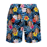 Personalized Face Swim Trunks Custom Face Blue Leaves Black Background Quick Dry Men's Swim Shorts