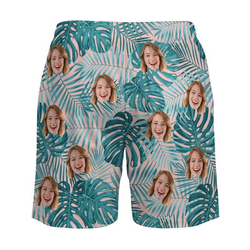 Personalized Face Swim Trunks Custom Face On Leaves Quick Dry Men's Swim Shorts