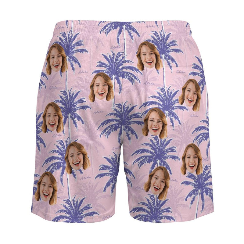 Personalized Face Swim Trunks Custom Face Coconut Tree Quick Dry Men's Swim Shorts