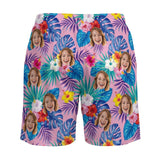 Personalized Face Swim Trunks Custom Face Colorful Flowers Pink Background Quick Dry Men's Swim Shorts