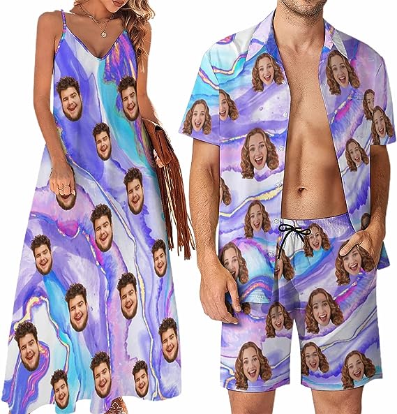 Custom Face Women Dress and Men Outfit For Couples Personalized Face Couple Matching Shirt Shorts And Dress