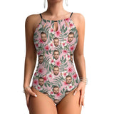 Custom Face Swimsuit Personalized Pink Flower One Piece Swimsuit Slip Backless Bathingsuit