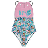 Custom Face&Name Swimsuit Personalized Pink Background Blue Leaves One Piece Swimsuit Slip Backless Bathingsuit