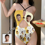 Personalized Face Women's Cutout One Piece Swimsuit Custom Face Lemon Yellow Cross Strap Backless Bathingsuit