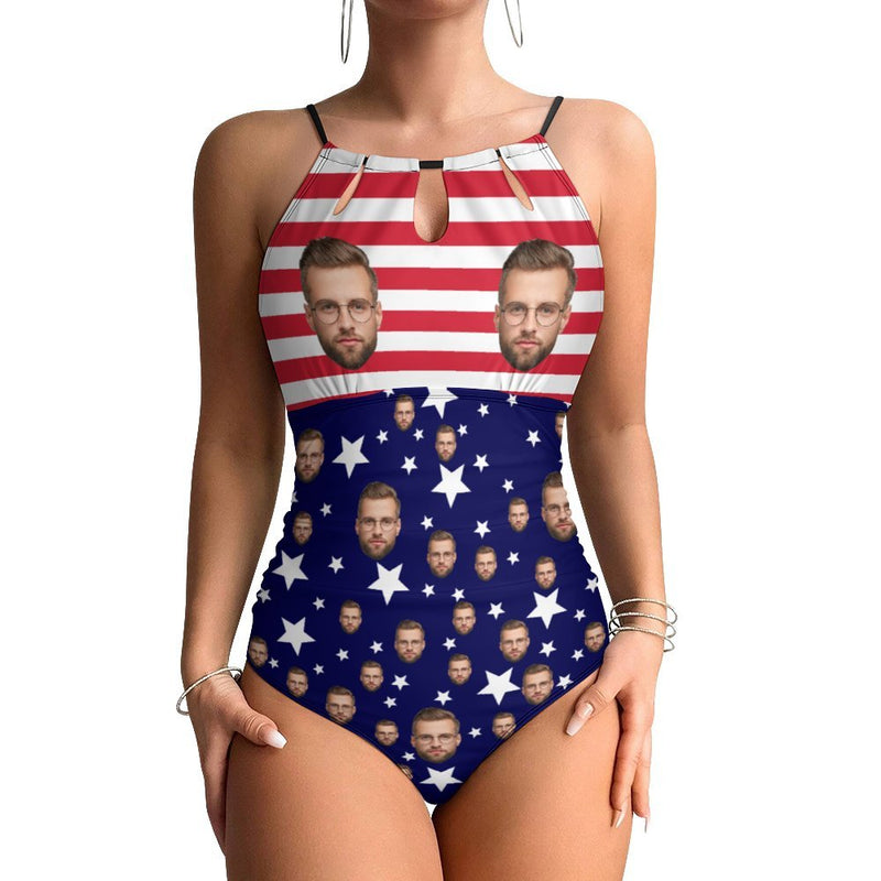 Custom Face Flag Swimsuit Personalized Flag One Piece Swimsuit Slip Backless Bathingsuit