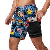 Personalized Face Swim Trunks Custom Face Blue Leaves Black Background Quick Dry Men's Swim Shorts