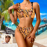 Custom Face Swimsuit Personalized Brown Leopard Print Face Bikini Swimsuit