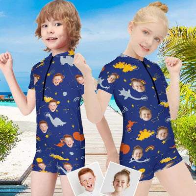 Custom Face Kids Blue Swimsuit Rash Guards Surf Suit