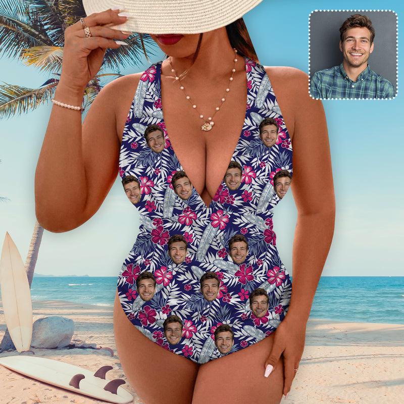 Personalized Face Deep V Neck One Piece Swimsuit Custom Face Flowers Individualized Women's Cross-back One Piece Bthingsuit