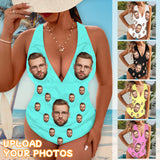 Personalized Face Deep V Neck One Piece Swimsuit Custom Different Colors Individualized Women's Cross-back One Piece Bthingsuit