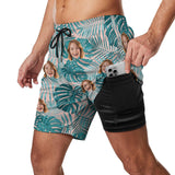 Personalized Face Swim Trunks Custom Face On Leaves Quick Dry Men's Swim Shorts