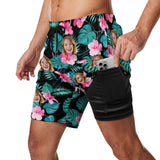 Personalized Swim Trunks Custom Face Green Leaves Pink Flowers Black Quick Dry Swim Shorts