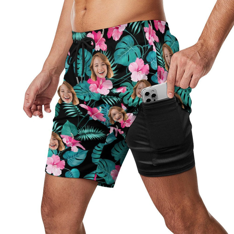 Personalized Swim Trunks Custom Face Green Leaves Pink Flowers Black Quick Dry Swim Shorts