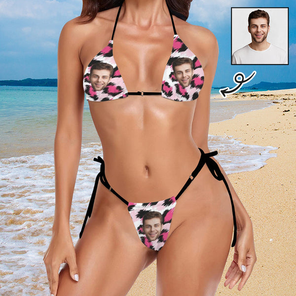 Custom Face Halter String Tie Side Thong Bikini Personalized Pink Leopard Bikini Set Swimsuits