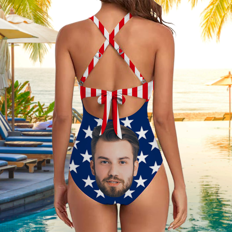 Custom Face One Piece Swimsuit Personalized Face Flag One Piece Bathingsuit For Women