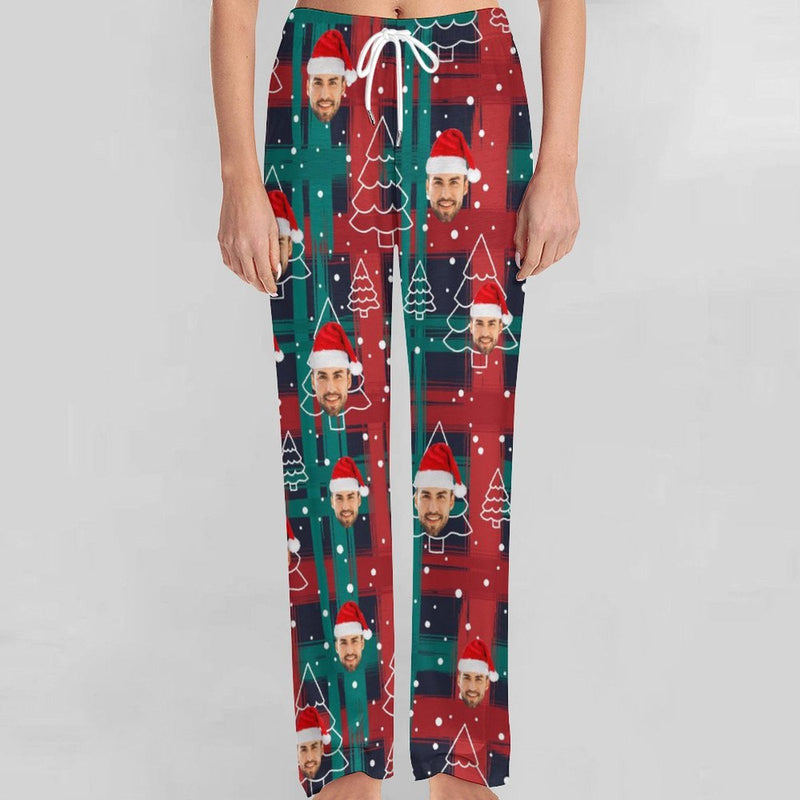 Unisex Pajama Pants Custom Face Christmas Green&Red Pajama Pants For Men&Women Personalized Any Photos Pajama Pants