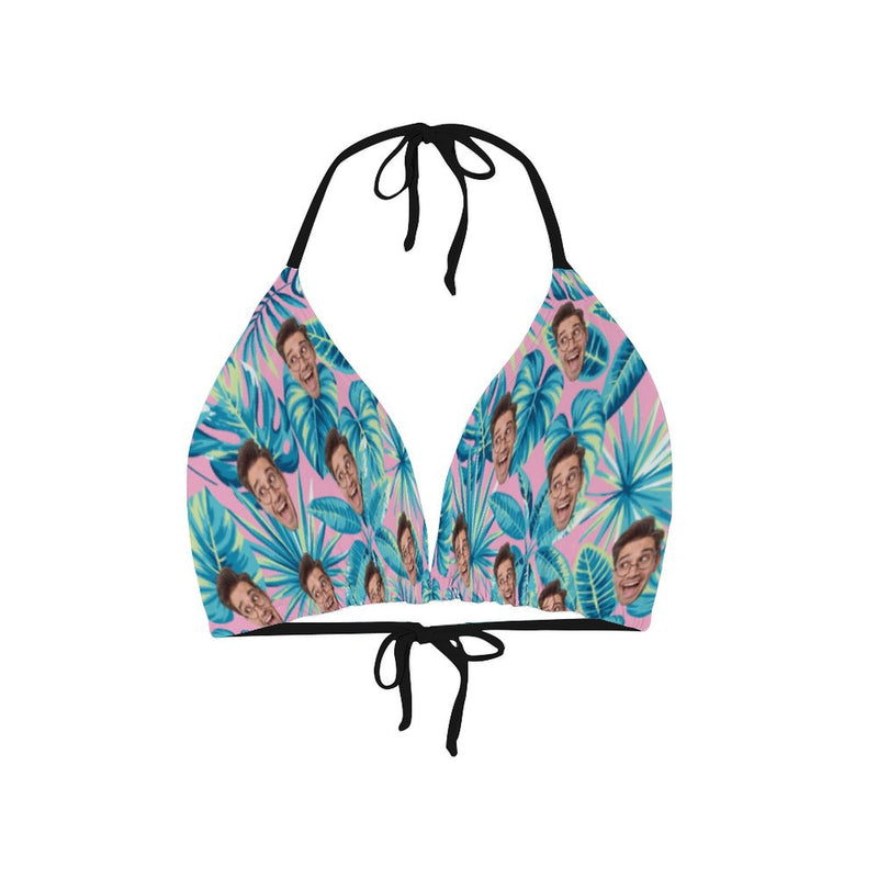 Custom Face Swimsuit&Cover Up Personalized Face Blue Leaves Pink Background Bikini Set& Beach Cover Up