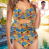 Custom Face One Piece Swimsuit Personalized Face Blue Leaves Orange Flowers One Piece Bathingsuit For Women