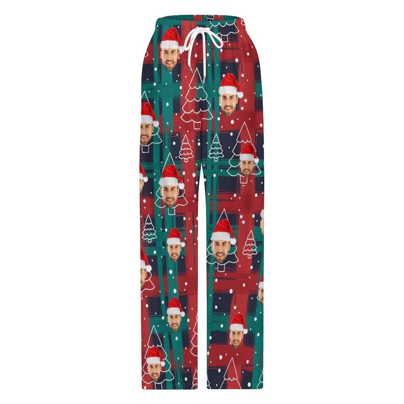 Unisex Pajama Pants Custom Face Christmas Green&Red Pajama Pants For Men&Women Personalized Any Photos Pajama Pants