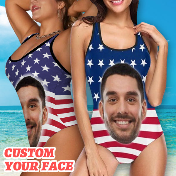 XS-5XL#Custom Husband Face American Flag Swimsuit Personalized Tank Top One Piece Bathing Suit Celebrate Holiday Party