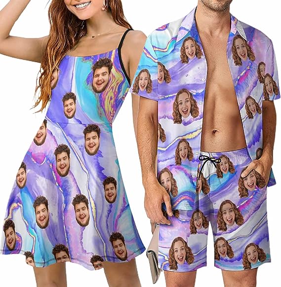 Custom Face Women Dress and Men Outfit For Couples Personalized Face Couple Matching Shirt Shorts And Dress