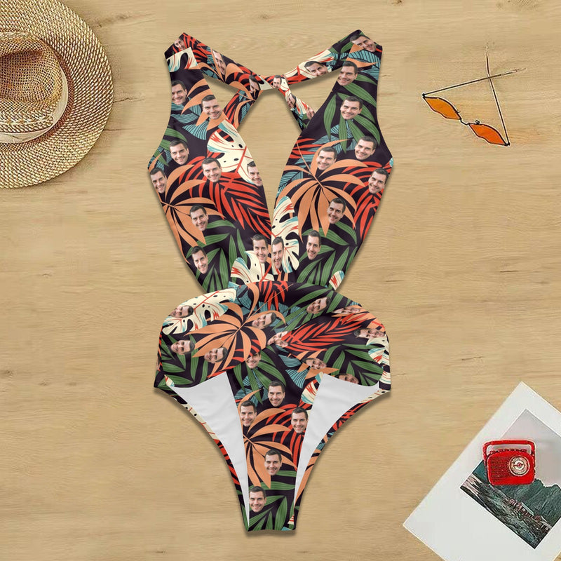 Custom Face Swimsuit Personalized Face Tropical Plants Women's Deep V-Neck Back Crossover One Piece Swimsuit