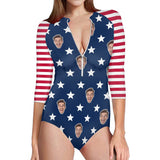 Custom Face Flag Half Sleeve One Piece Swimsuit Personalized Face Stars And Stripes Half Sleeve Bikini