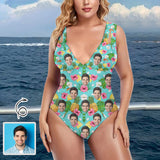 Custom Face Green Pineapple Women's Deep V Neck Cross Back Tie One Piece Swimsuit Custom Picture Bathing Suit