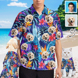 Custom Face Men's Shirt&Pet Shirt Personalized Face Purple Tropical Leaves Hawaiian Shirt&Pet Shirt For Pet Lovers