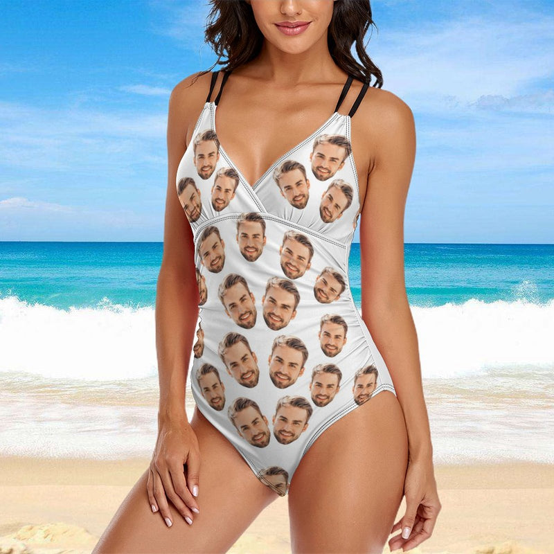 Custom Face White One Piece Swimsuit&Black Swim Shorts Personalized Couple Matching Swimwear