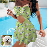 Personalized Face Swimsuit Dress Custom Face Green Women's Cutout Cross Back Swimming Dress