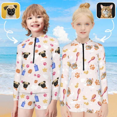 Custom Pet Face Kids White Swimsuit Rash Guards Surf Suit