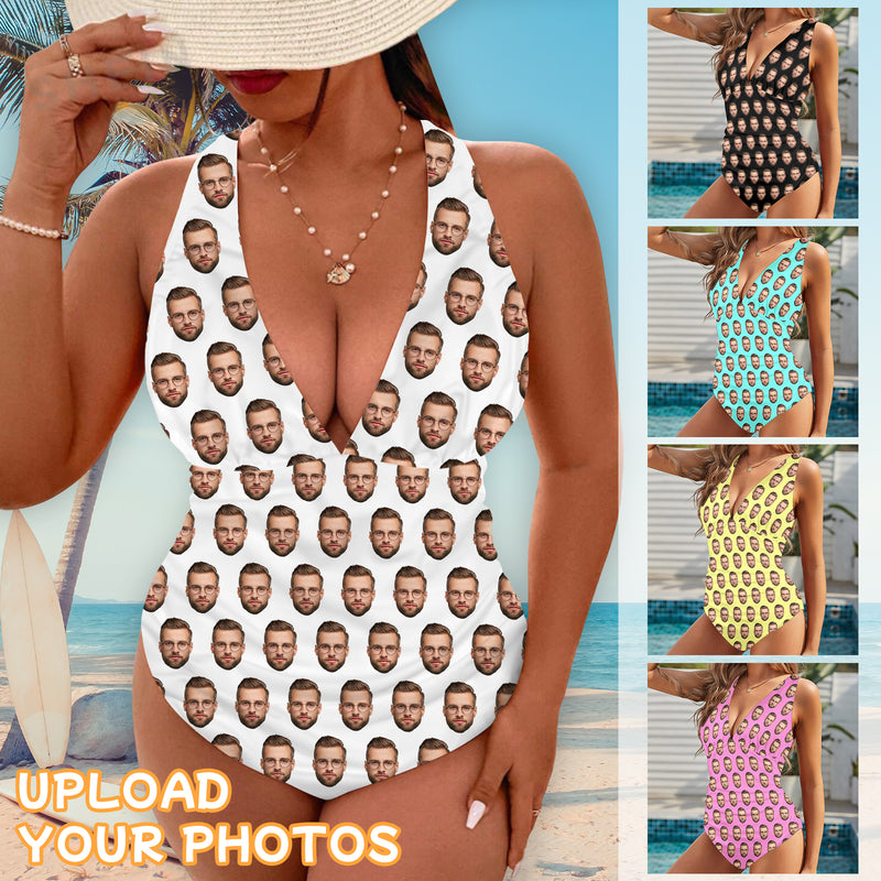 Personalized Face Deep V Neck One Piece Swimsuit Custom Different Colors Little Face Individualized Women's Cross-back One Piece Bthingsuit